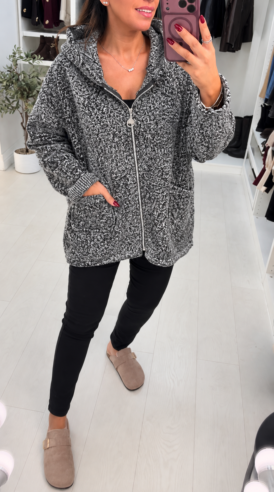 Women's Winter Hooded Boucle Trench Coat in Salt/Pepper
