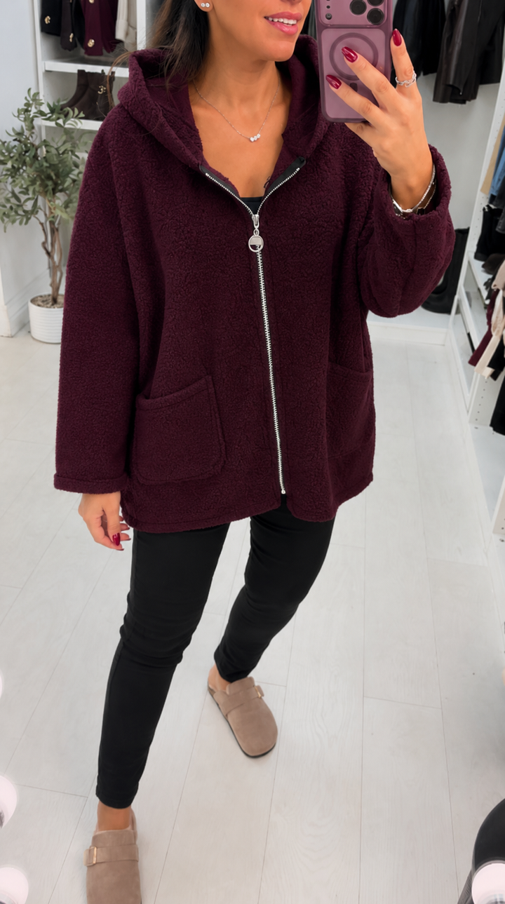 Women's Winter Hooded Boucle Trench Coat in Wine