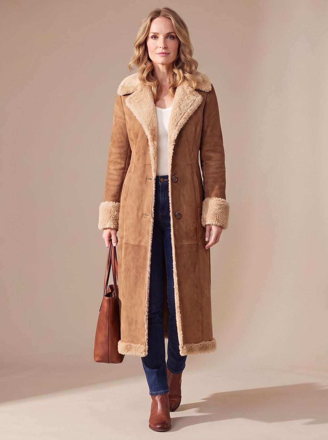 Women's Winter Trench Coat in Faux Fur in Brown