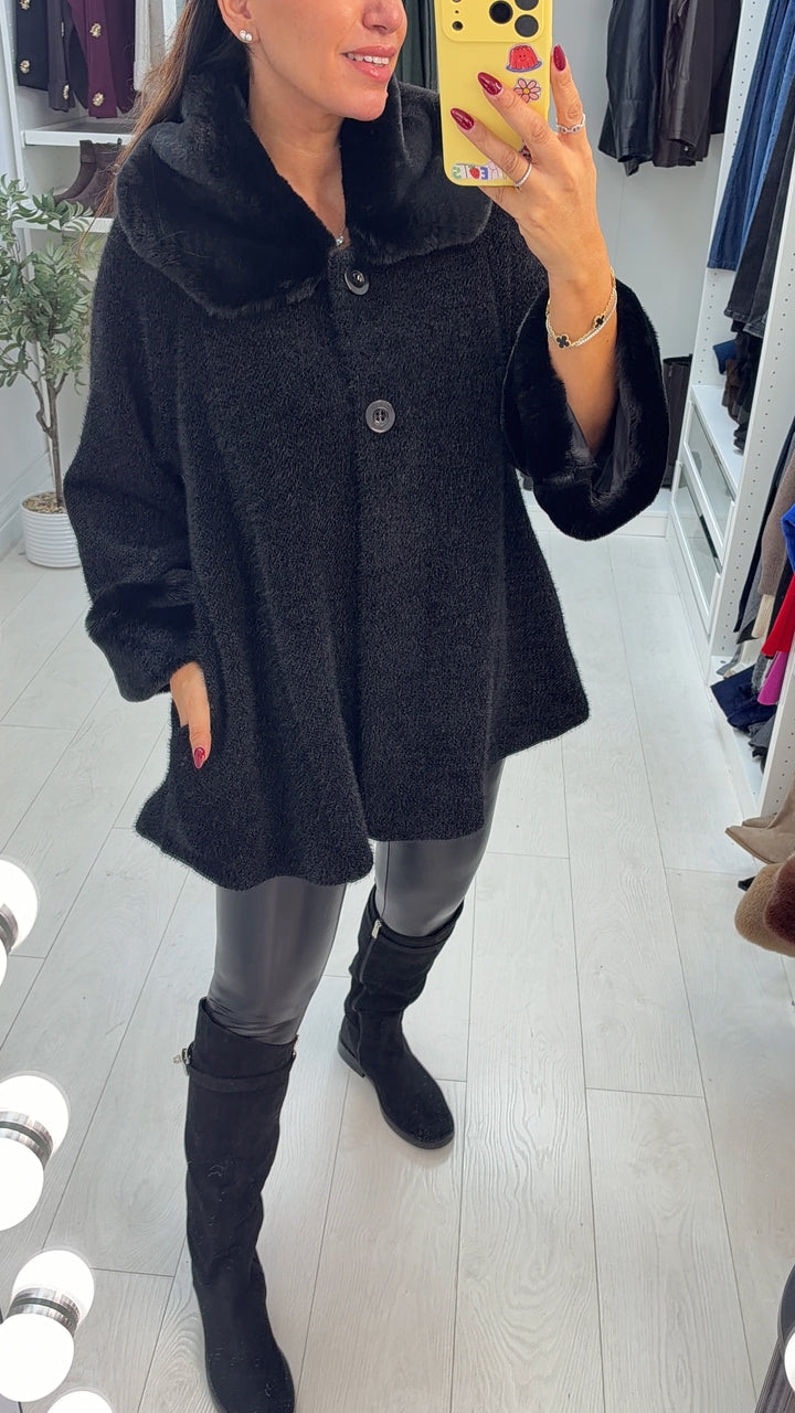 Women's Winter Trench Coat in Soft Chenille in Black