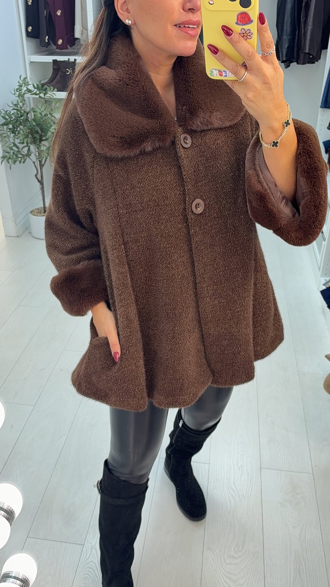 Women's Winter Trench Coat in Soft Chenille in Chocolate